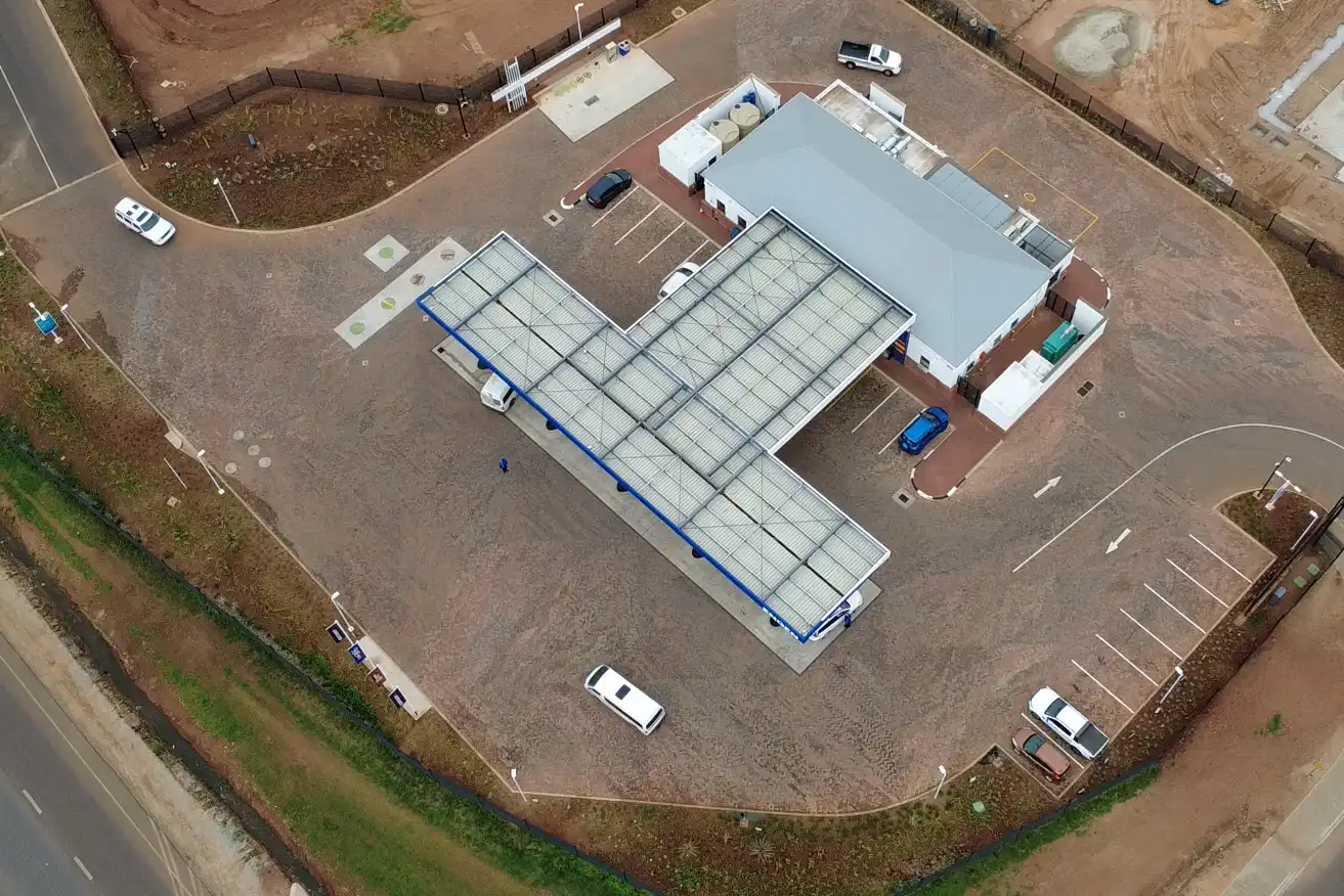 retail fuel station Kempton Park aerial view of completed service station, canopy, Quickshop and site access