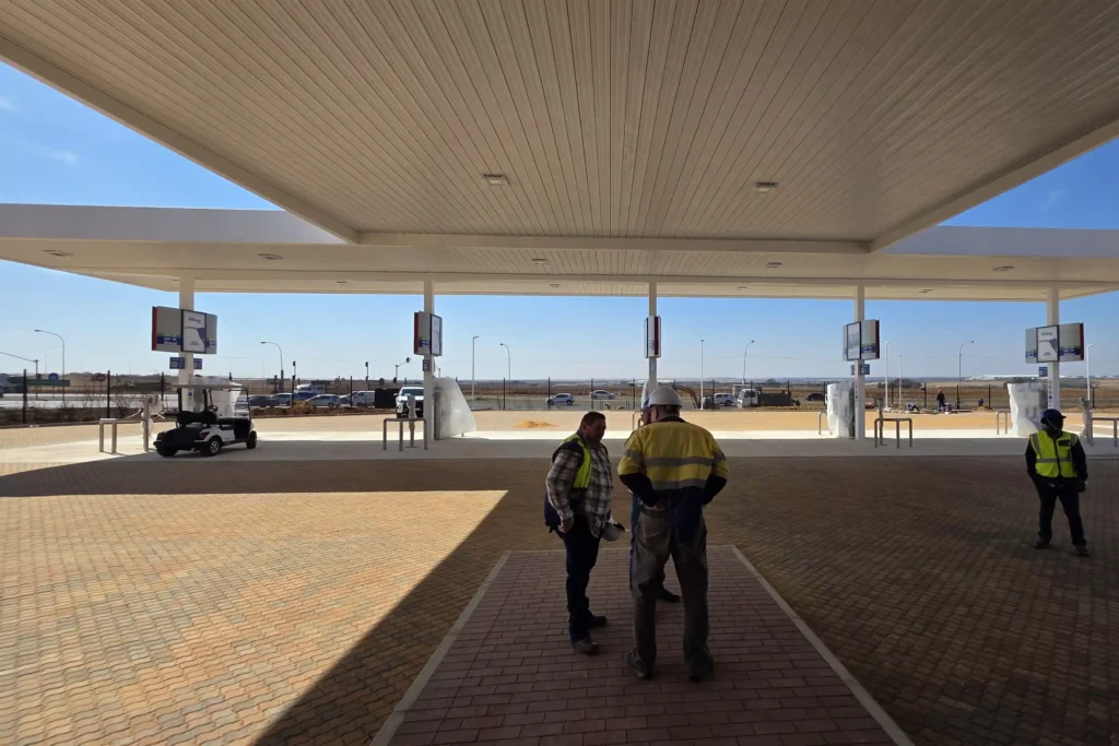 retail fuel station Kempton Park completed forecourt and canopy with pump islands and paving