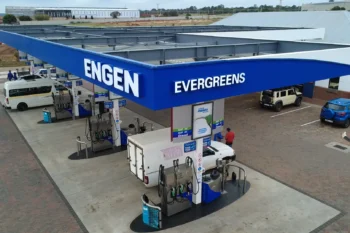 retail fuel station Kempton Park Engen Evergreens canopy with completed pumps and forecourt paving