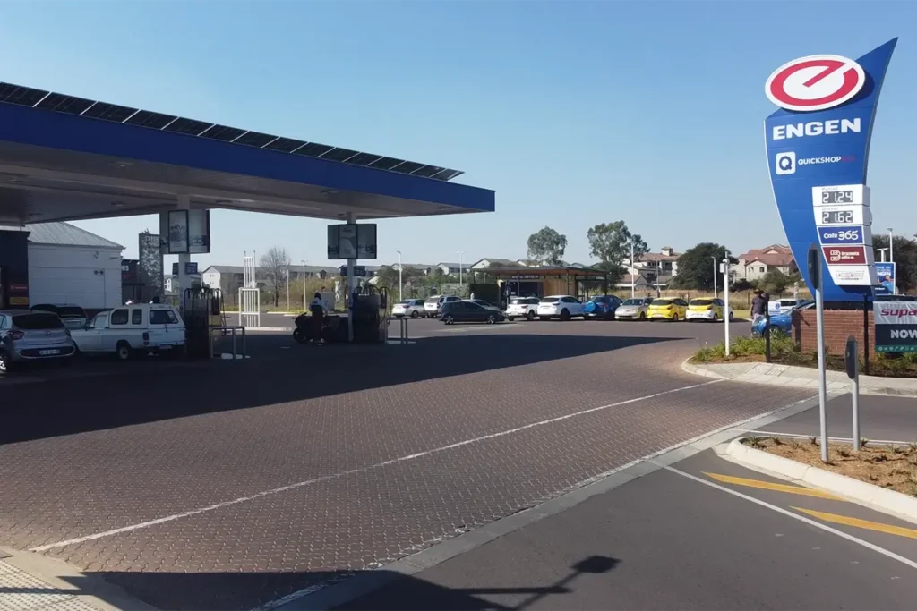 Retail fuel station project Carlswald entrance view with Engen canopy and multi-brand pylon signage