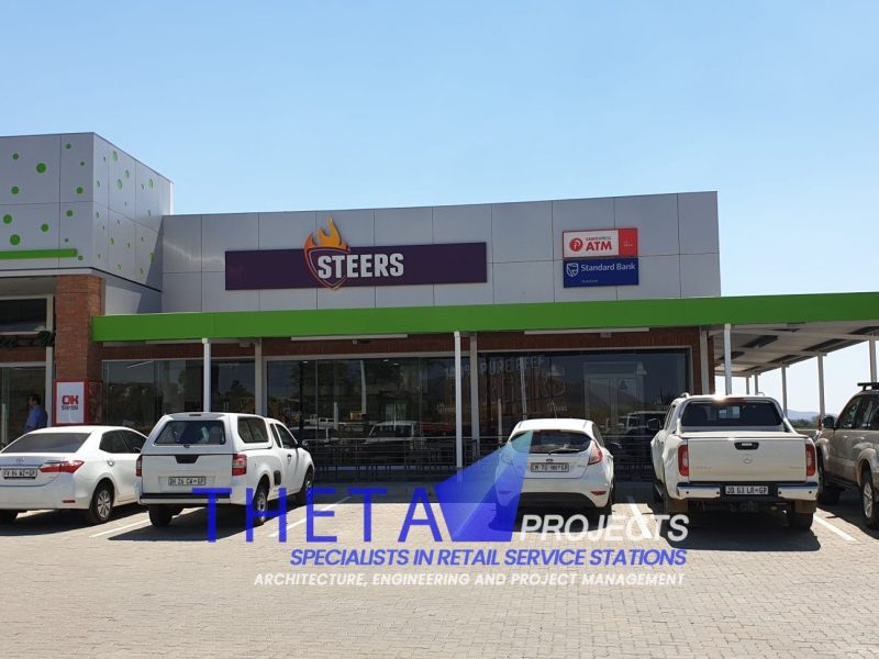 Theta Projects Brand New Site in Brits, North West Province for Client Econo. Finished construction and project for Petrol station. Steers. Standard bank ATM