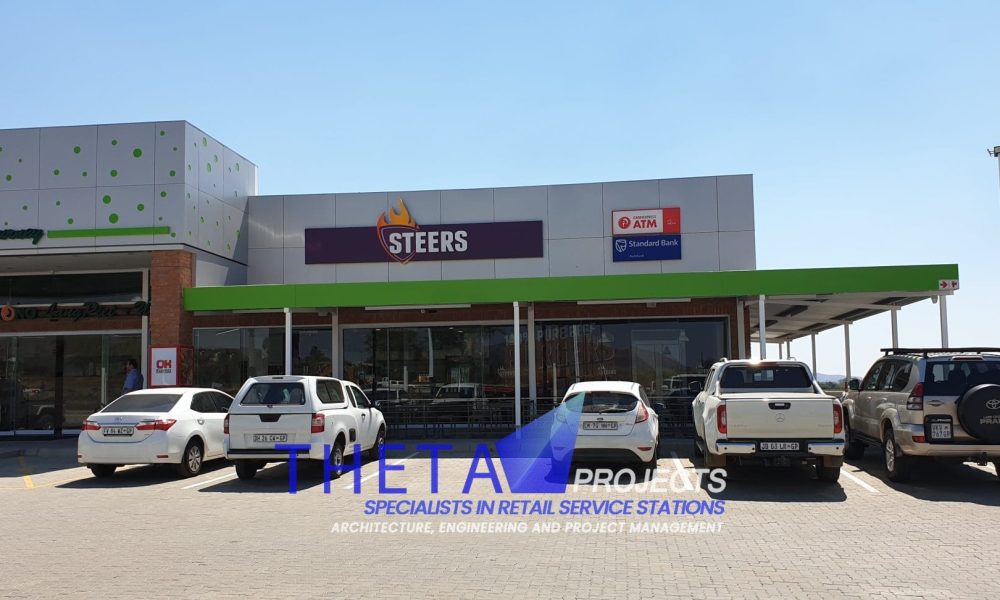 Theta Projects Brand New Site in Brits, North West Province for Client Econo. Finished construction and project for Petrol station. Steers. Standard bank ATM