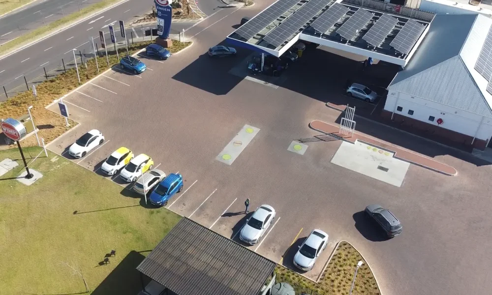 Retail fuel station project Carlswald completed Engen forecourt and adjoining retail centre viewed from above