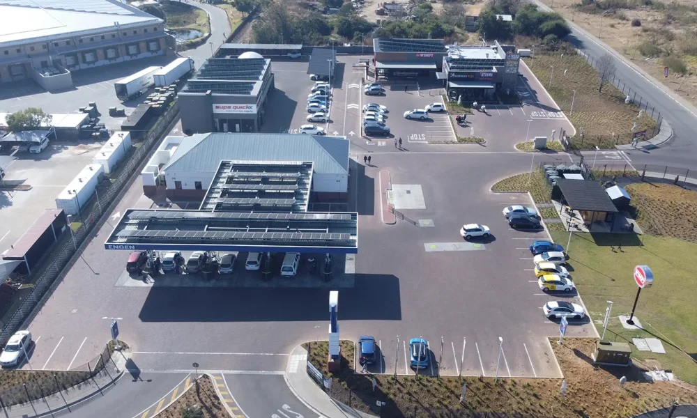 Retail fuel station project Carlswald completed fuel station, retail buildings, car wash and parking from the air