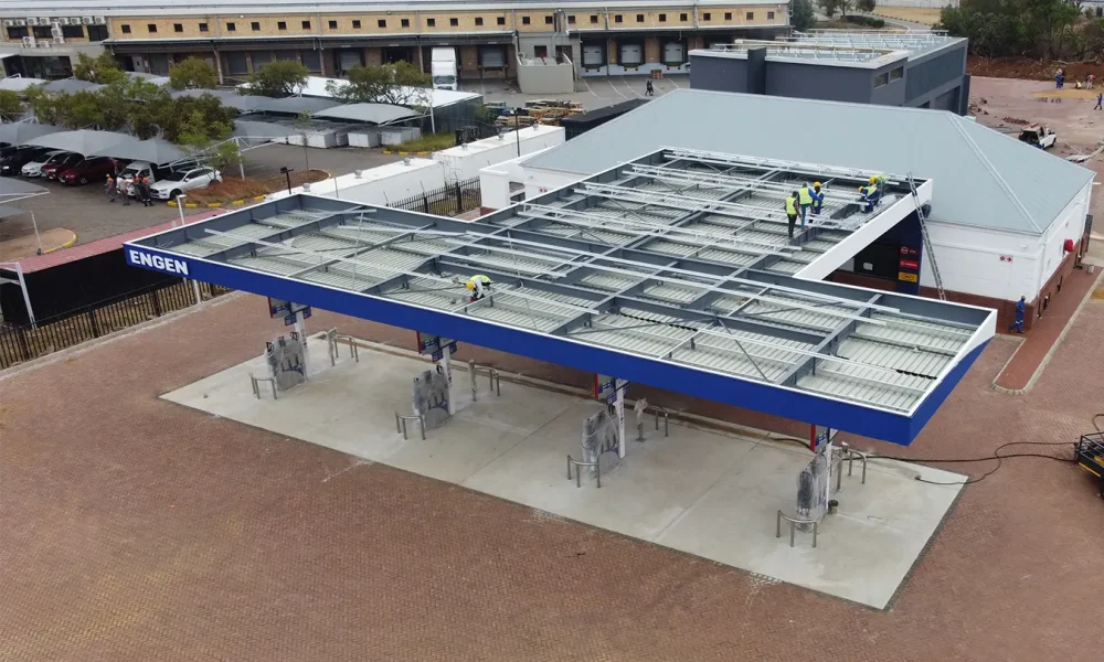 Retail fuel station project Carlswald completed Engen canopy, forecourt and service station building