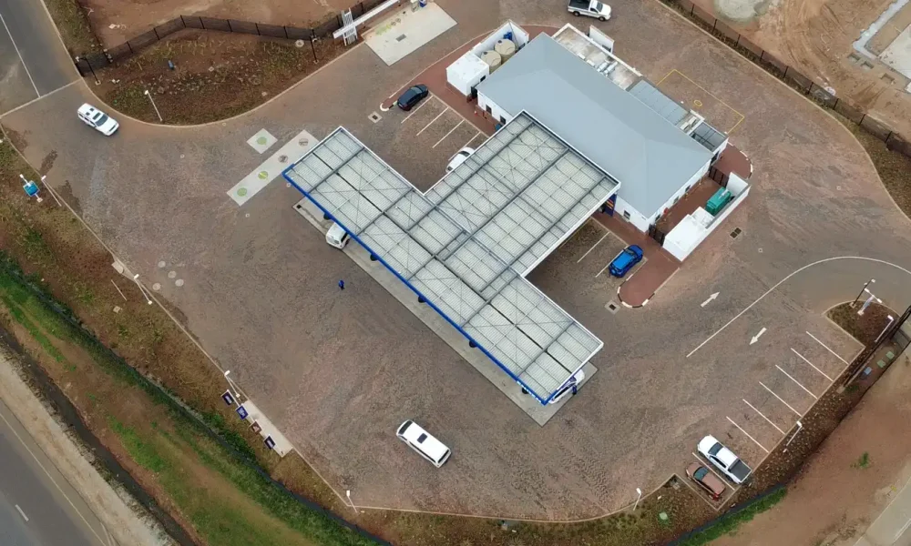 retail fuel station Kempton Park aerial view of completed service station, canopy, Quickshop and site access