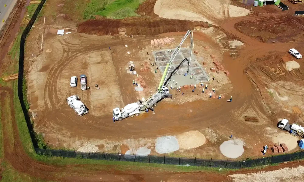 retail fuel station Kempton Park aerial concrete pour for building slab during construction