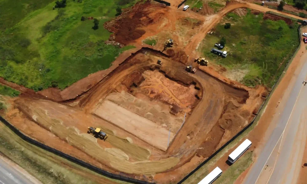 retail fuel station Kempton Park aerial view of site platform preparation and early earthworks